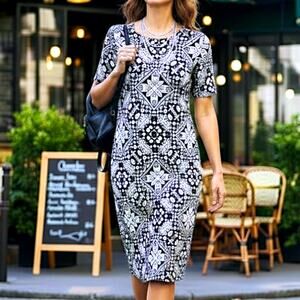 LuLaRoe Dress Women's Black White Medallion Pattern Short Sleeve -S